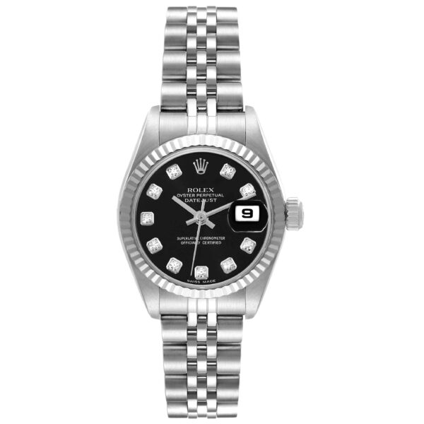 Rolex Datejust Steel White Gold Black Diamond Dial Ladies Watch 79174 Box Papers