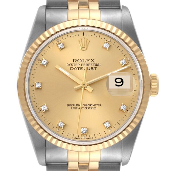 Rolex Datejust Steel Yellow Gold Diamond Dial Mens Watch 16233
