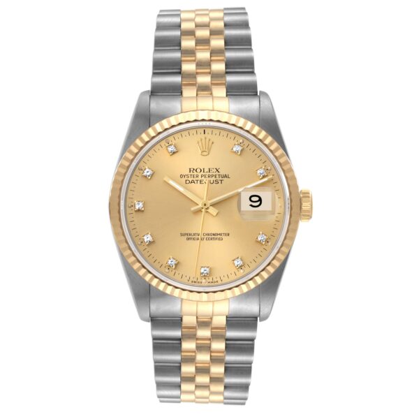 Rolex Datejust Steel Yellow Gold Diamond Dial Mens Watch 16233 - Image 2