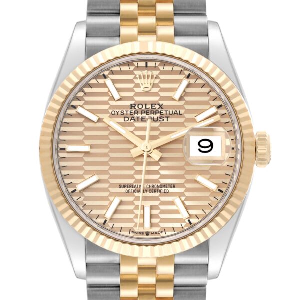 Rolex Datejust Steel Yellow Gold Golden Fluted Motif Dial Mens Watch 126233