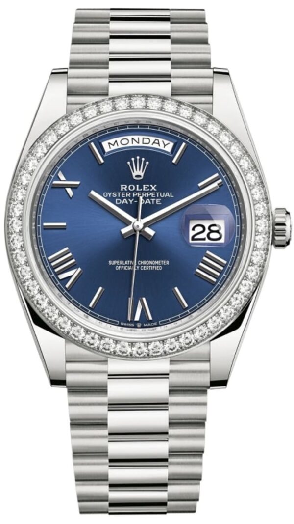 Rolex Day-Date 40 18K White Gold Blue Dial Diamond Bezel Men's Watch M228349RBR-0005