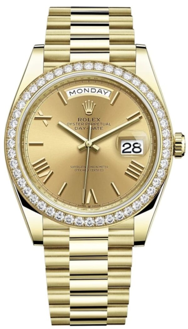 Rolex Day-Date 40 18K Yellow Gold Champagne Dial Diamond Bezel Men's Watch M228348RBR-0003