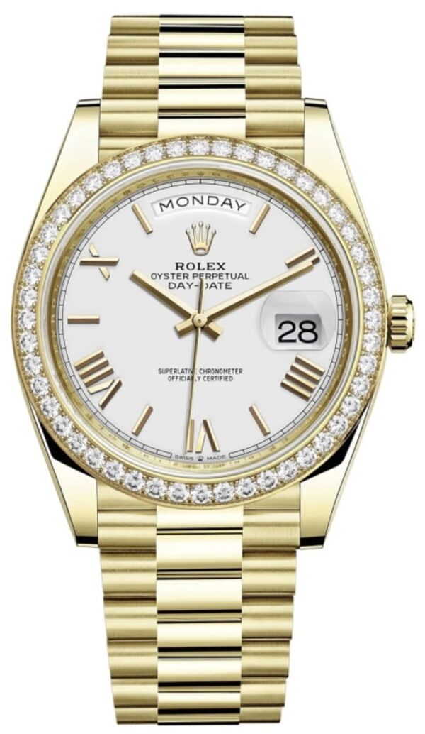 Rolex Day-Date 40 18K Yellow Gold White Dial Diamond Bezel Men's Watch M228348RBR-0034