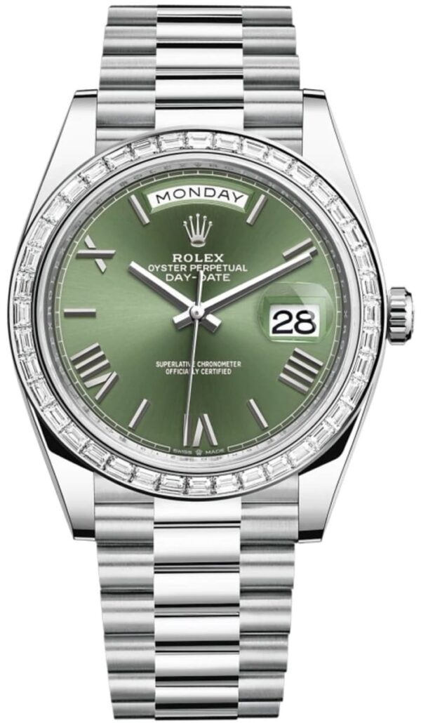 Rolex Day-Date 40 Platinum Olive Green Dial Diamond Bezel Men's Watch M228396TBR-0020