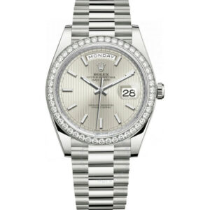 Rolex Day Date 40 Silver Stripe Dial Automatic Men's 18kt White Gold Watch 228349SSP