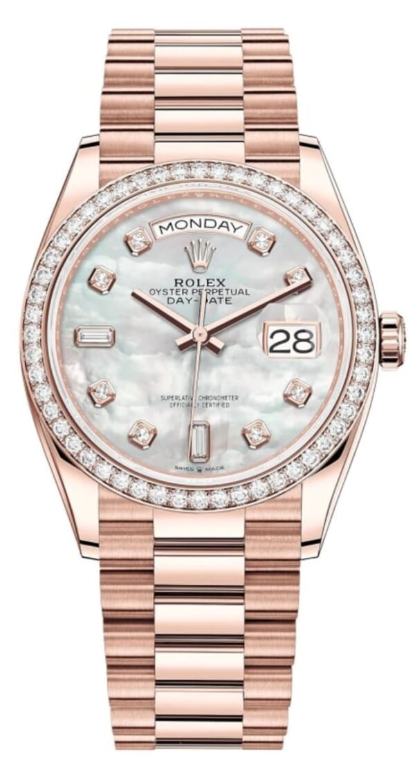 Rolex Day-Date Rose Gold Mother-of-Pearl Diamond Dial Diamond Bezel Women's Watch M128345RBR-0028