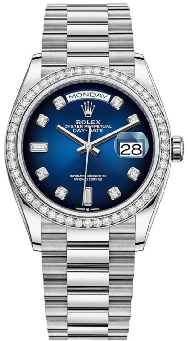Rolex Day-Date White Gold Blue Ombre Diamond Dial Diamond Bezel Women's Watch M128349RBR-0010