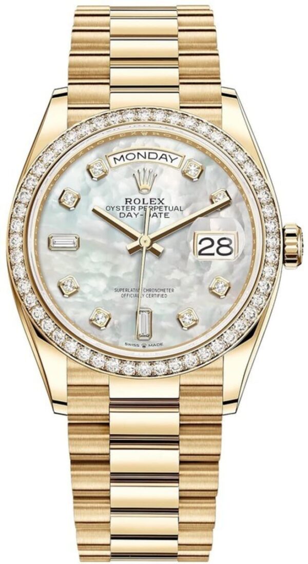 Rolex Day-Date Yellow Gold Mother of Pearl Diamond Dial Diamond Bezel Women's Watch M128348RBR-0017