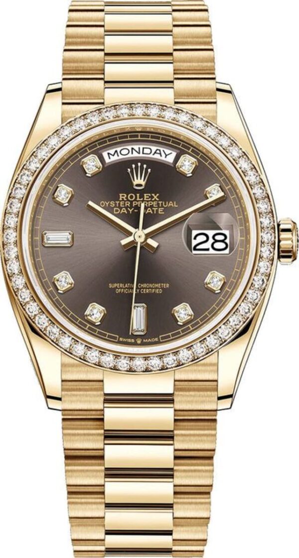 Rolex Day-Date Yellow Gold Slate Diamond Dial Diamond Bezel Women's Watch M128348RBR-0005