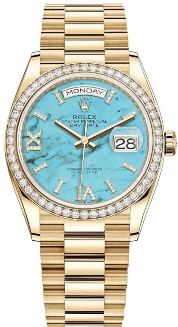 Rolex Day-Date Yellow Gold Turquoise Diamond-Set Roman Dial Diamond Bezel Women's Watch M128348RBR-0037