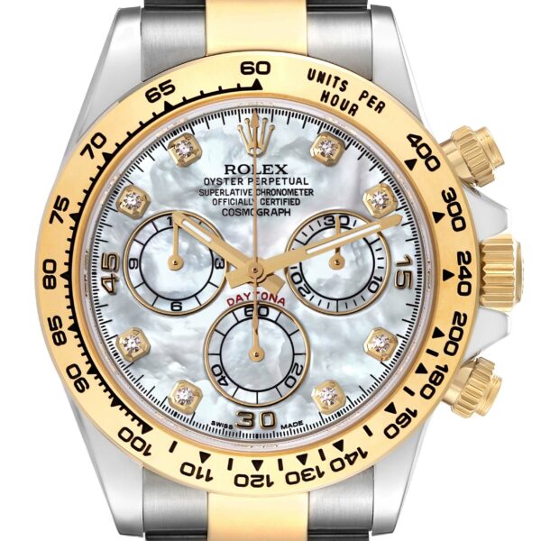 Rolex Daytona Steel Yellow Gold Mother of Pearl Diamond Mens Watch 116503 Box Card