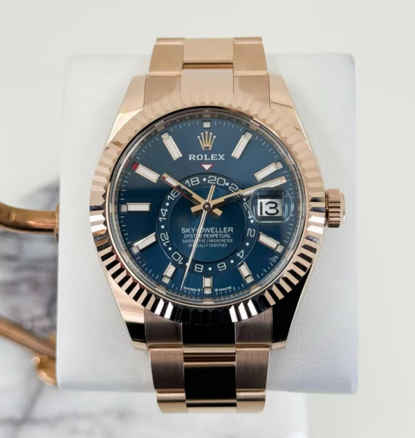 Rolex Everose Gold Sky-Dweller Watch  Fluted Ring Command Bezel  Blue-Green Index Dial  Oyster Bracelet M336935-0001