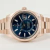 rolex everose gold sky dweller watch fluted ring command bezel blue green index dial oyster bracelet m336935 0001 8726 laj2p.webp