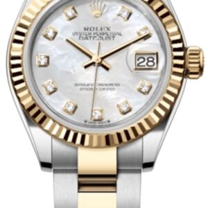 Rolex Lady-Datejust 28 Stainless Steel and Yellow Gold Automatic Mother of Pearl Diamond Dial Oyster Bracelet Women's Watch M279173-0014