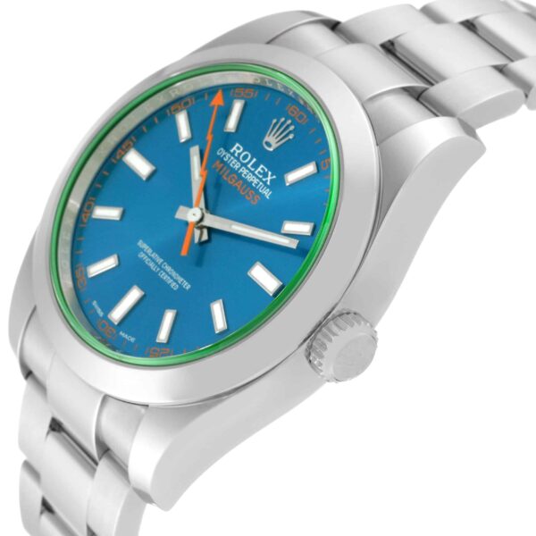 Rolex Milgauss Blue Dial Green Crystal Steel Mens Watch 116400GV Box Card - Image 6