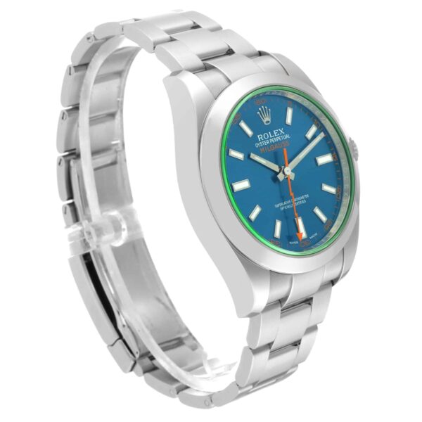 Rolex Milgauss Blue Dial Green Crystal Steel Mens Watch 116400GV Box Card - Image 3