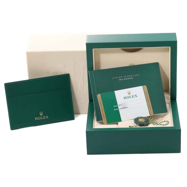 Rolex Milgauss Blue Dial Green Crystal Steel Mens Watch 116400GV Box Card - Image 4