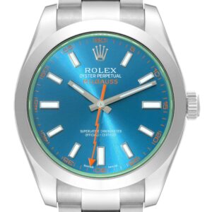 Rolex Milgauss Blue Dial Green Crystal Steel Mens Watch 116400GV Box Card