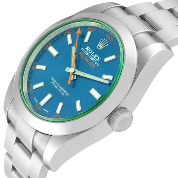 Rolex Milgauss Blue Dial Green Crystal Steel Mens Watch 116400GV Card - Image 5