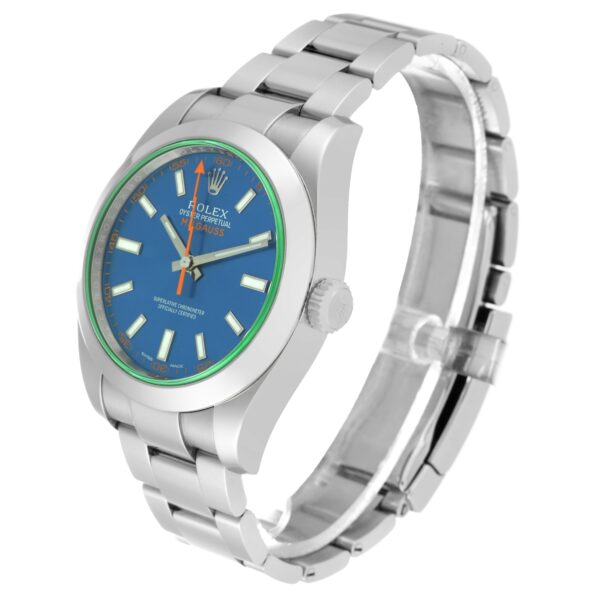 Rolex Milgauss Green Crystal Steel Mens Watch 116400GV Box Card - Image 4