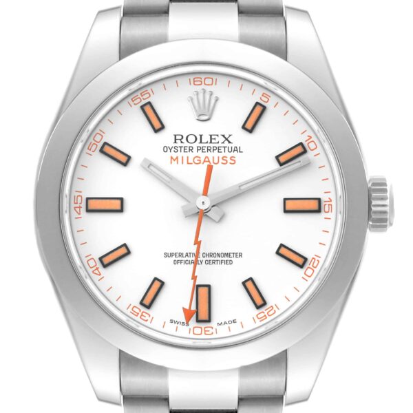 Rolex Milgauss White Dial Orange Markers Steel Mens Watch 116400