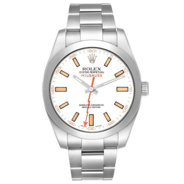 Rolex Milgauss White Orange Dial Steel Mens Watch 116400 Box Card - Image 2