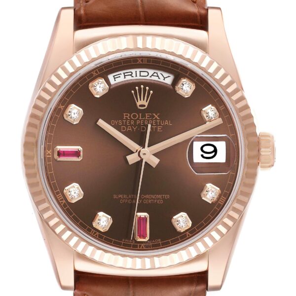 rolex president day date rose gold diamond ruby dial mens watch 118135 box card 6284 bxvi0.jpg