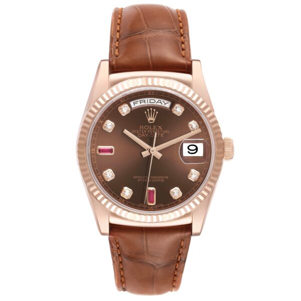 rolex president day date rose gold diamond ruby dial mens watch 118135 box card 9788 husoh.jpg