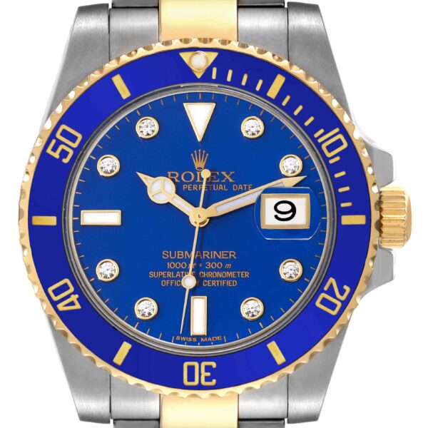 rolex submariner steel yellow gold blue diamond dial mens watch 116613 2818 vrtn6.jpg